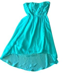 Strapless‎ High Low Dress, Aqua Blue Lace, Chiffon Party Cocktail Summer
